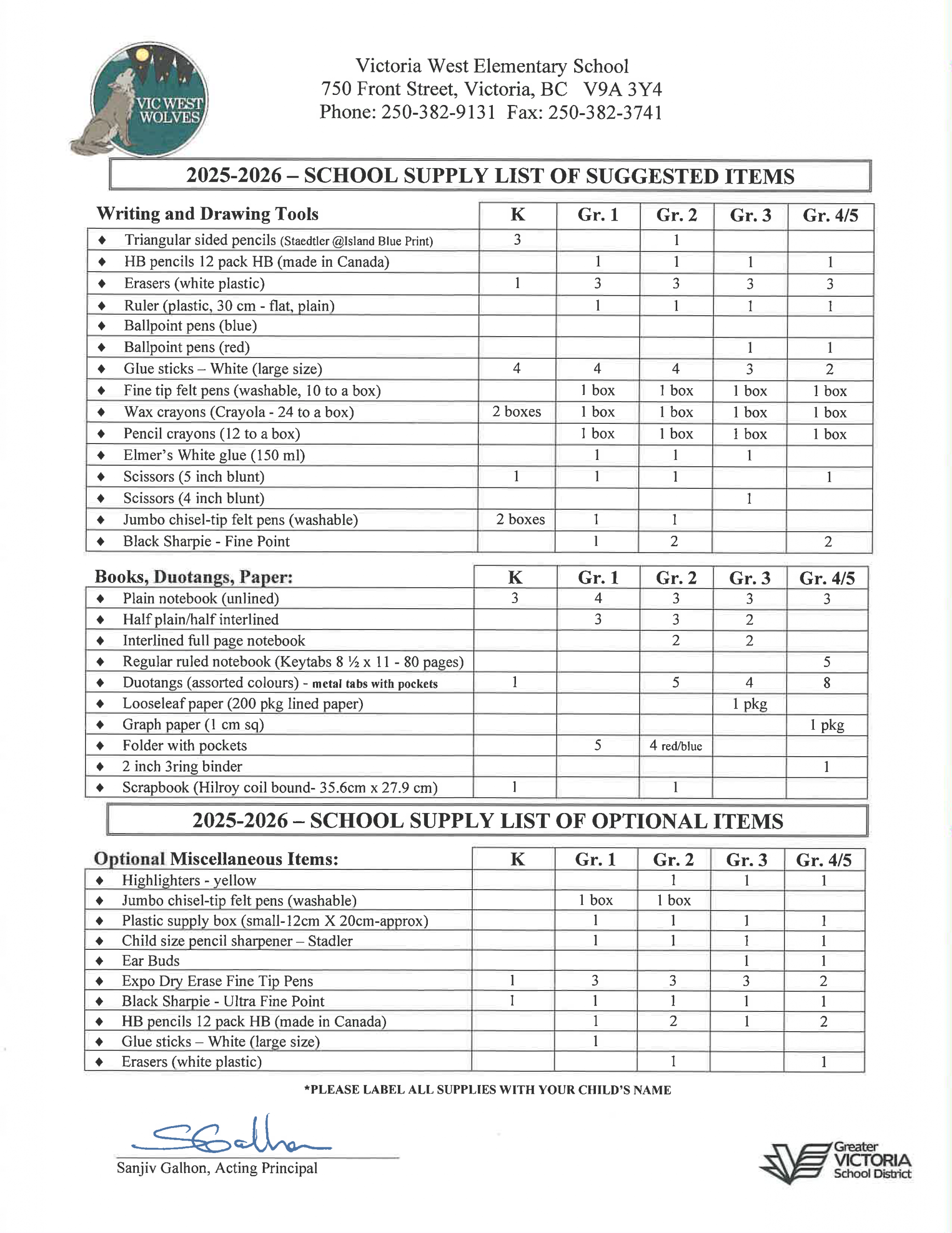 Victoria West Elementary - School Supply List 2025-2026